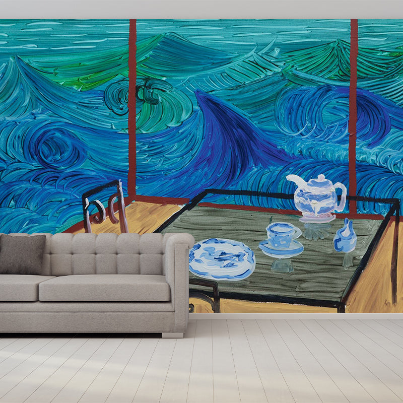 Chinese Tearoom Wallpaper Mural Blue-Brown Artistry Wall Decoration for Living Room