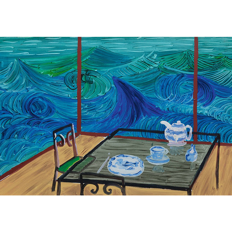 Chinese Tearoom Wallpaper Mural Blue-Brown Artistry Wall Decoration for Living Room