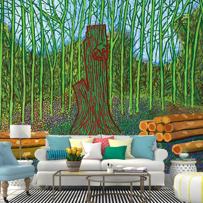 Art Deco Wood Logs Mural Decal Green Botanix Wall Covering for Living Room, Custom Size