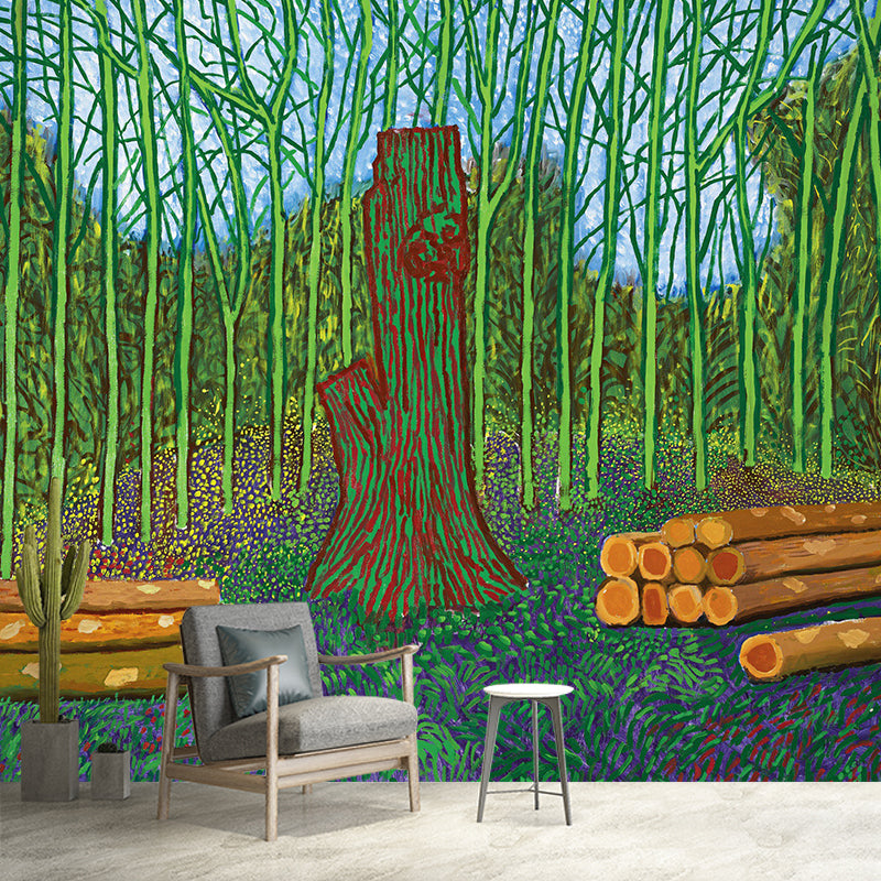 Art Deco Wood Logs Mural Decal Green Botanix Wall Covering for Living Room, Custom Size