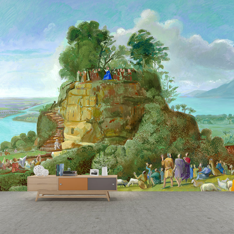 Sermon on the Mount Murals in Blue and Green Art Deco Wall Covering for Living Room