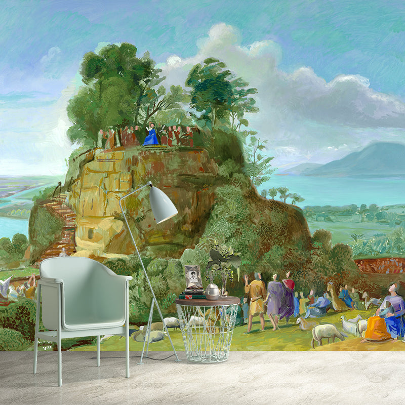 Sermon on the Mount Murals in Blue and Green Art Deco Wall Covering for Living Room