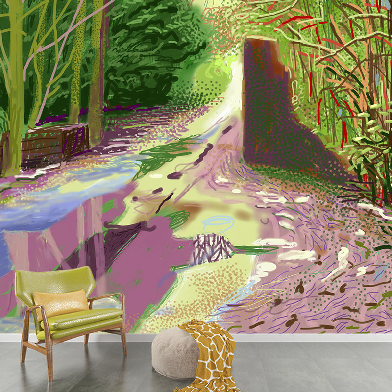 Big Puddles on Road Mural Waterproof Modern Art Bedroom Wall Covering in Pink-Yellow