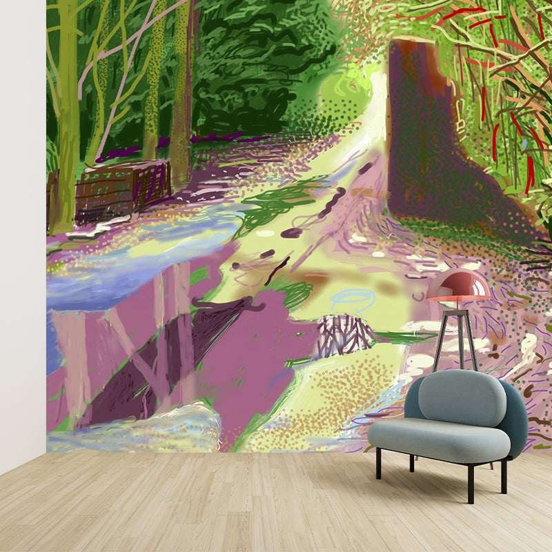 Big Puddles on Road Mural Waterproof Modern Art Bedroom Wall Covering in Pink-Yellow
