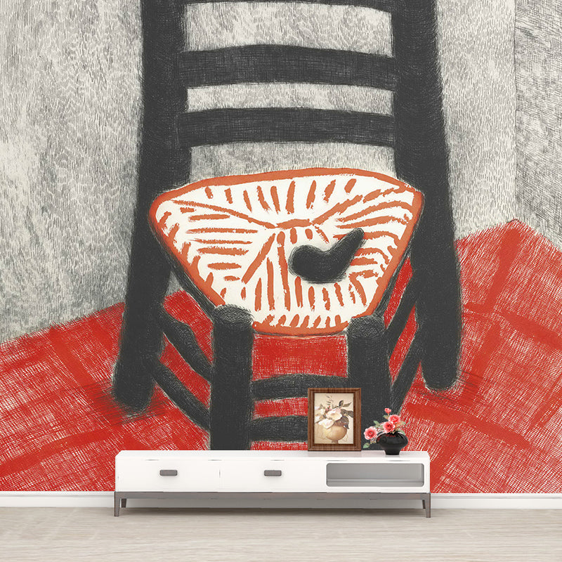 Art Low Wood Chair Mural Wallpaper Red-Grey Moisture Resistant Wall Decor for Living Room