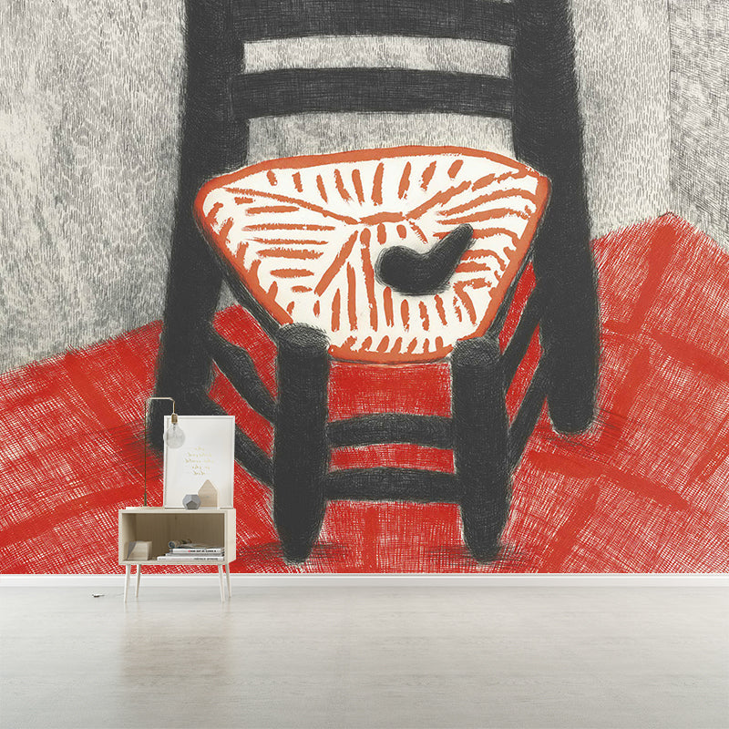 Art Low Wood Chair Mural Wallpaper Red-Grey Moisture Resistant Wall Decor for Living Room