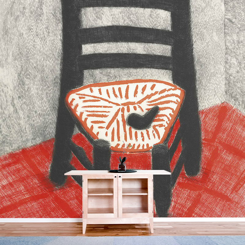 Art Low Wood Chair Mural Wallpaper Red-Grey Moisture Resistant Wall Decor for Living Room