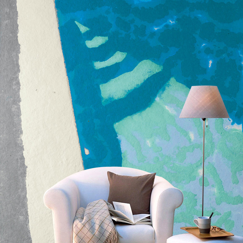 Smooth Big Blue-White Mural Artistry Alongside the Swimming Pool Wall Covering, Custom Print