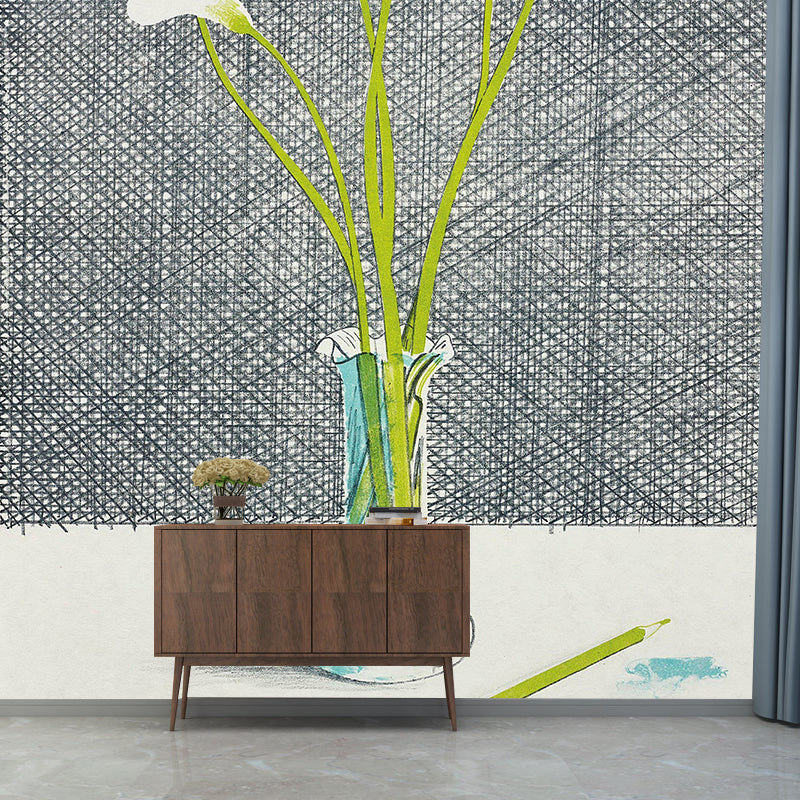 Artistry Lilies Still Life Murals for Bedroom Personalized Wall Covering in Green on Grey