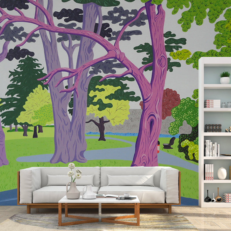 Artistic Park Scenery Wall Mural in Purple-Green Bedroom Wall Decor, Customized Size