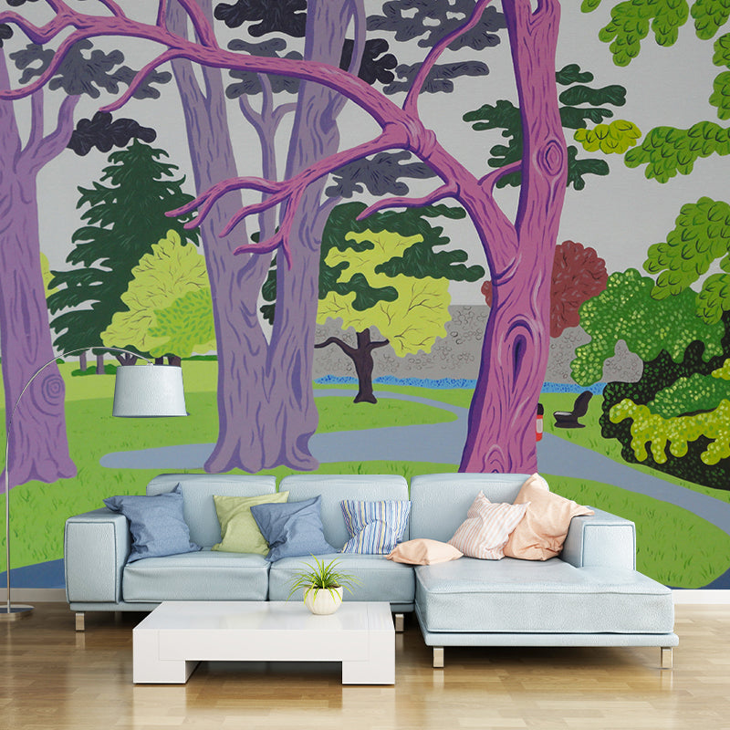 Artistic Park Scenery Wall Mural in Purple-Green Bedroom Wall Decor, Customized Size