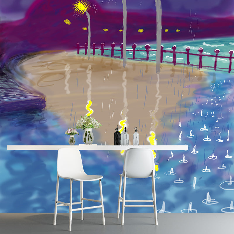 Road Lamp in Rain Mural Decal Art Deco Stain-Resistant Living Room Wall Covering, Optional Size