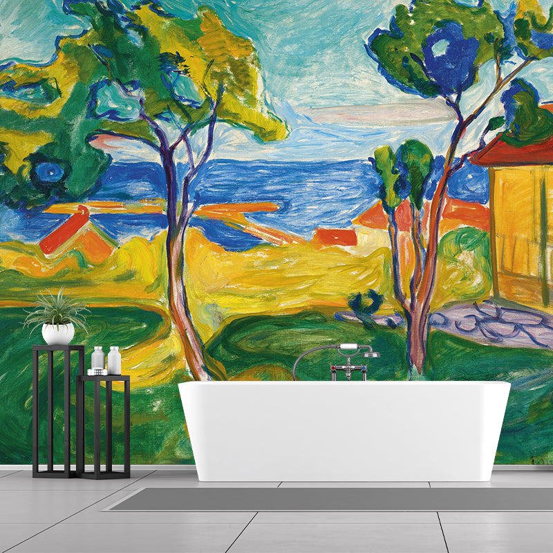 Autumn Coastal Cabin Wall Mural Modern Art Non-Woven Cloth Wall Decor in Blue-Yellow-Green