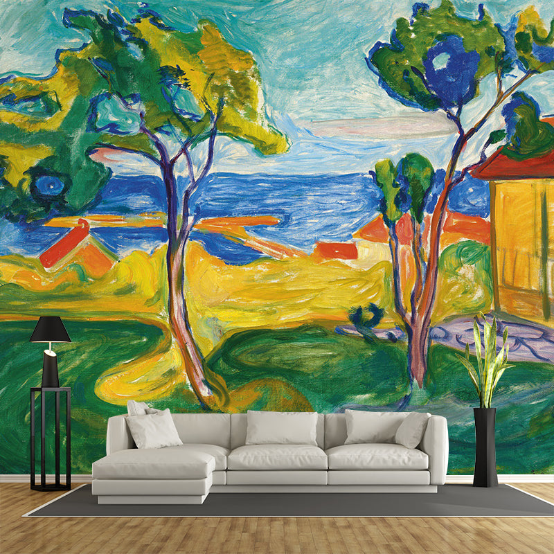 Autumn Coastal Cabin Wall Mural Modern Art Non-Woven Cloth Wall Decor in Blue-Yellow-Green