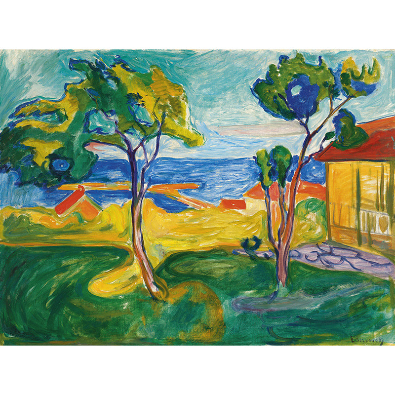 Autumn Coastal Cabin Wall Mural Modern Art Non-Woven Cloth Wall Decor in Blue-Yellow-Green