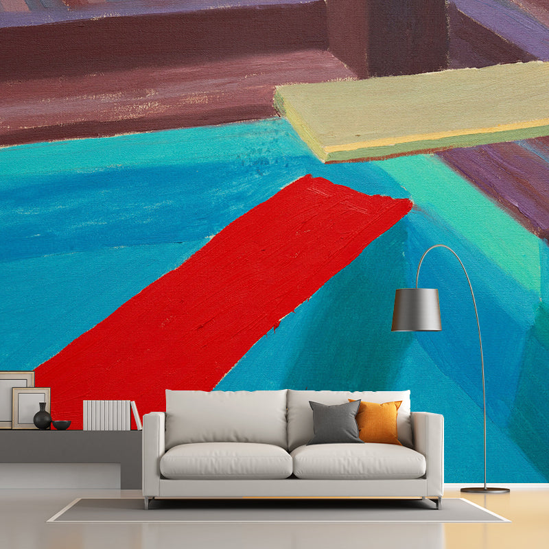 Art Pool Jump Board Mural Red-Yellow-Blue Moisture Resistant Wall Covering for Home