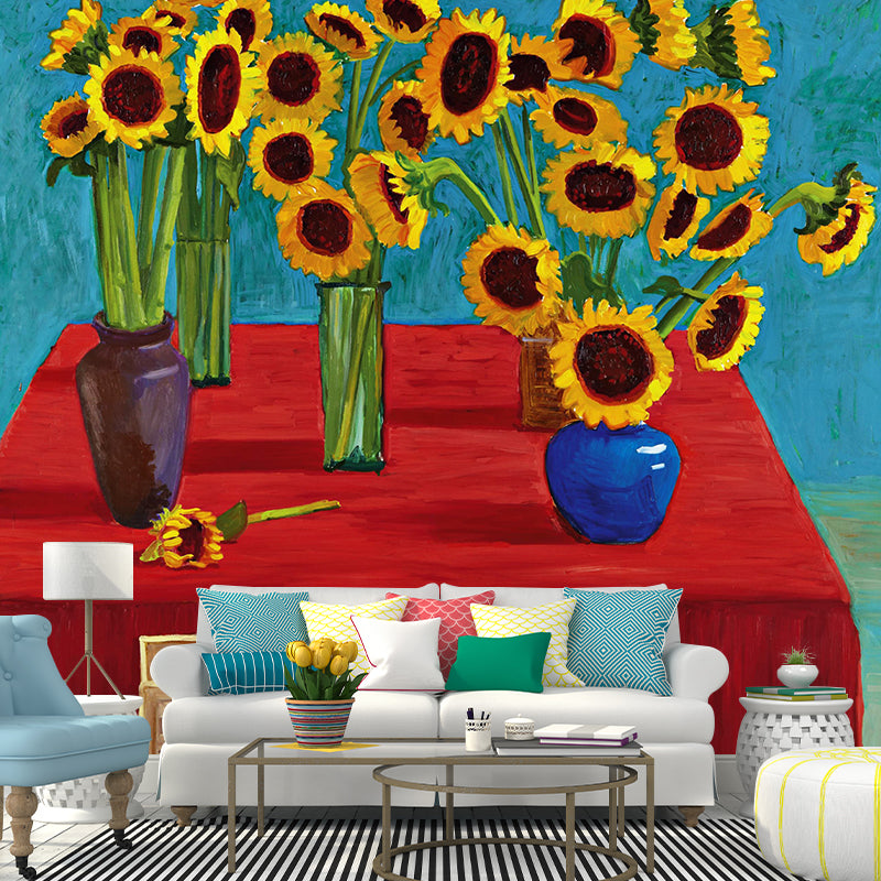 Modern Potted Sunflower Wallpaper Mural Red-Yellow-Blue-Green Bedroom Wall Art, Custom Printed