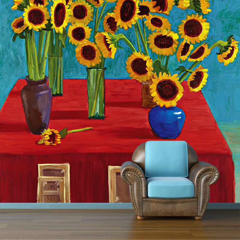 Modern Potted Sunflower Wallpaper Mural Red-Yellow-Blue-Green Bedroom Wall Art, Custom Printed