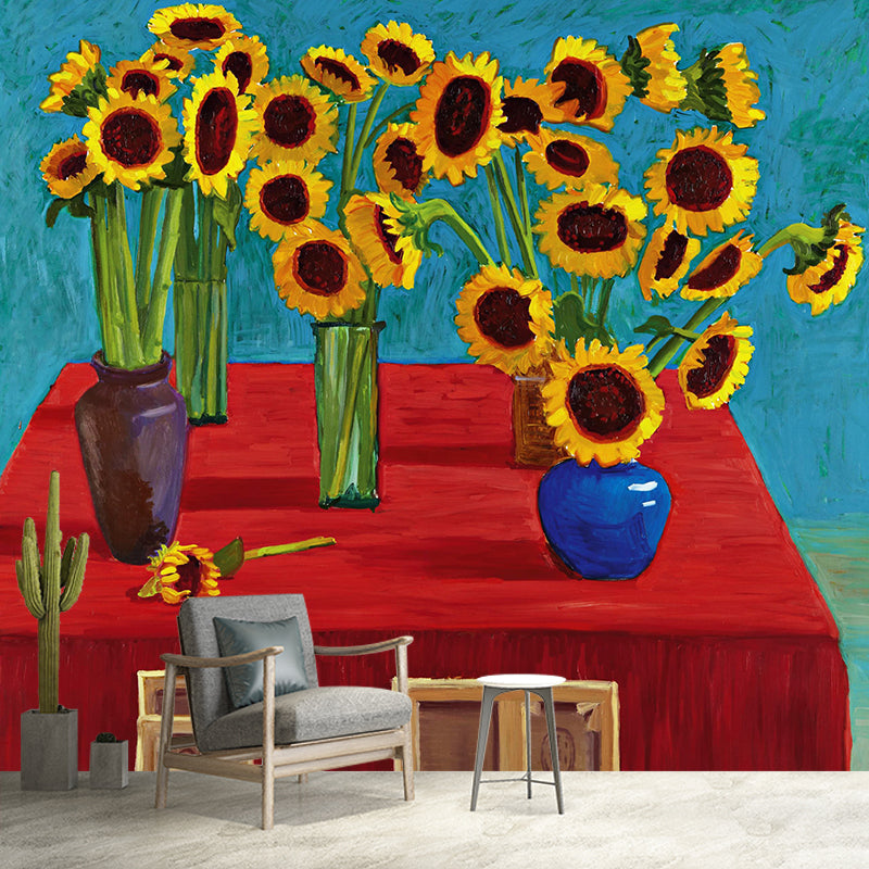 Modern Potted Sunflower Wallpaper Mural Red-Yellow-Blue-Green Bedroom Wall Art, Custom Printed