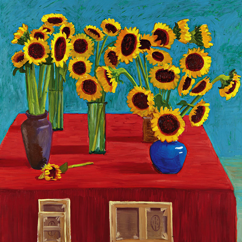 Modern Potted Sunflower Wallpaper Mural Red-Yellow-Blue-Green Bedroom Wall Art, Custom Printed