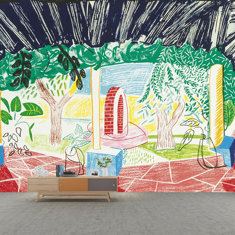 Personalized Illustration Art Mural with A Walk Around the Hotel Courtyard Painting in Multi Color