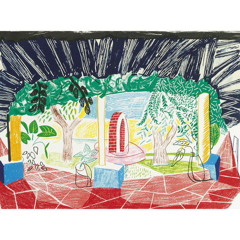 Personalized Illustration Art Mural with A Walk Around the Hotel Courtyard Painting in Multi Color