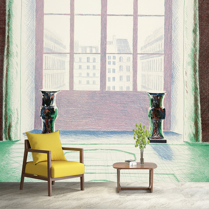 Artistic French Window Painting Murals Non-Woven Washable Green-White Wall Decor for Home