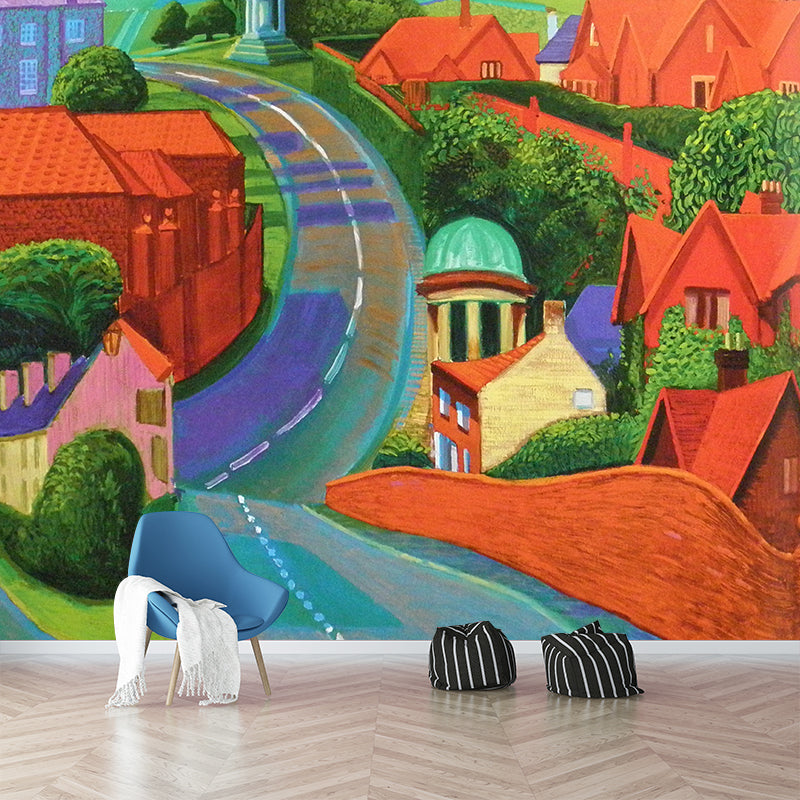 Road Through Small Town Mural Orange-Green Modern Art Wall Covering for Living Room