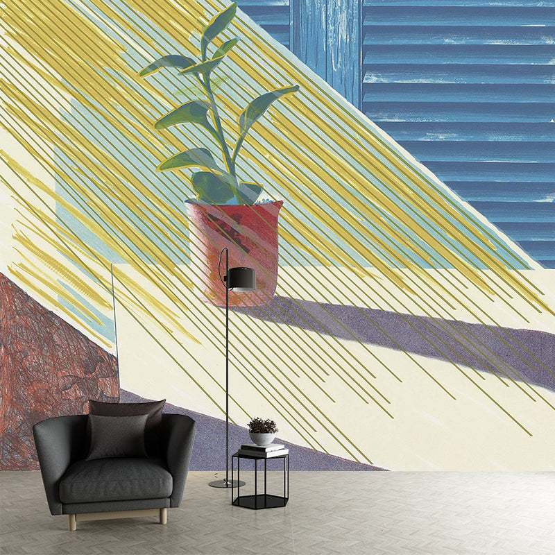 Yellow-Blue Art Wall Mural Decal Huge Sunshine on Pot Plant Drawing Wall Decoration for Home