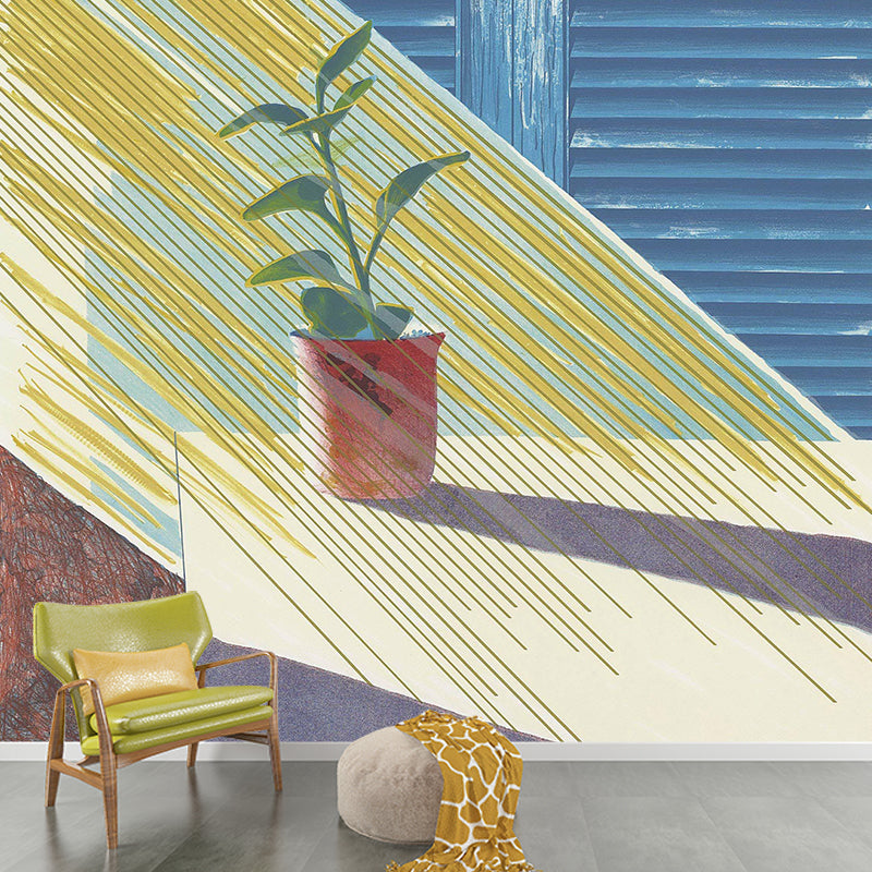 Yellow-Blue Art Wall Mural Decal Huge Sunshine on Pot Plant Drawing Wall Decoration for Home