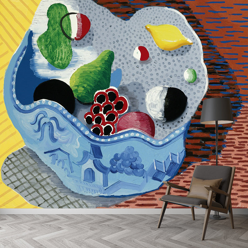 Art Deco Still-Life Fruit Murals Blue-Yellow-Green Water Resistant Wall Covering for Bedroom