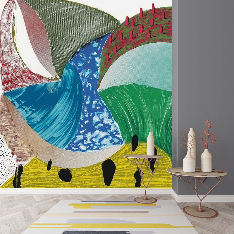 Illustration Abstract Painting Mural Blue-Yellow-Green Non-Woven Wall Art, Stain Proof, Custom Made