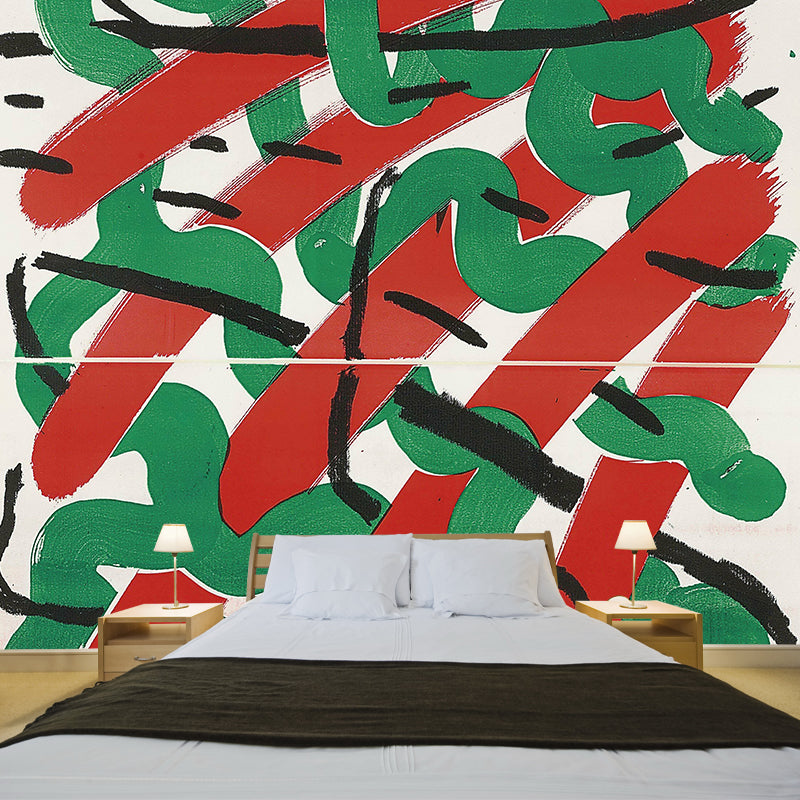 Artistry Interweaving Pattern Mural Red and Green Living Room Wall Decor, Made to Measure