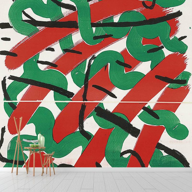 Artistry Interweaving Pattern Mural Red and Green Living Room Wall Decor, Made to Measure