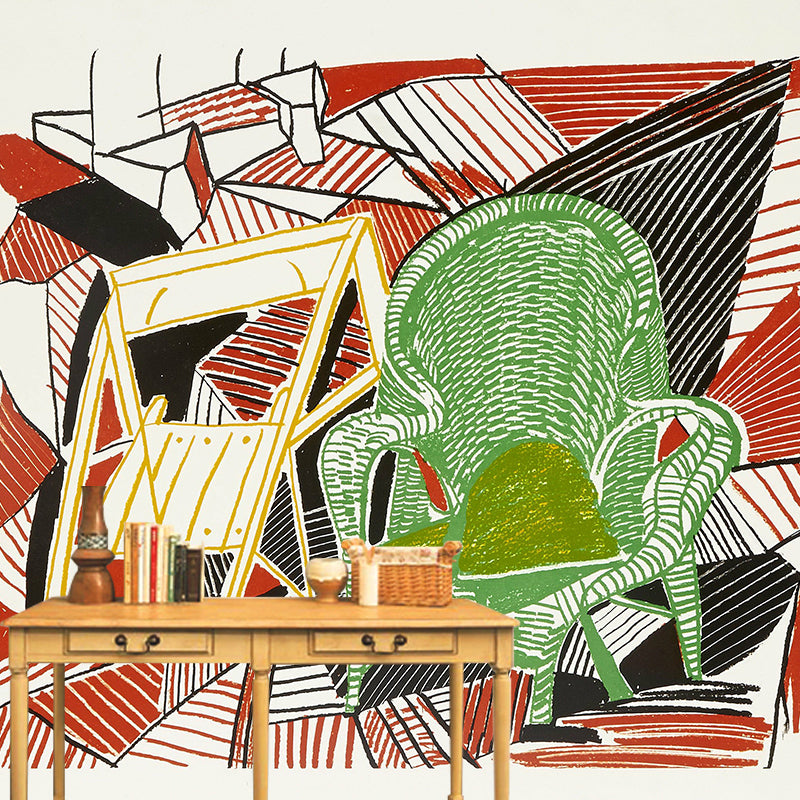 Artistic Abstract Chair Wall Murals Red-Green Stain Resistant Wall Covering for Living Room