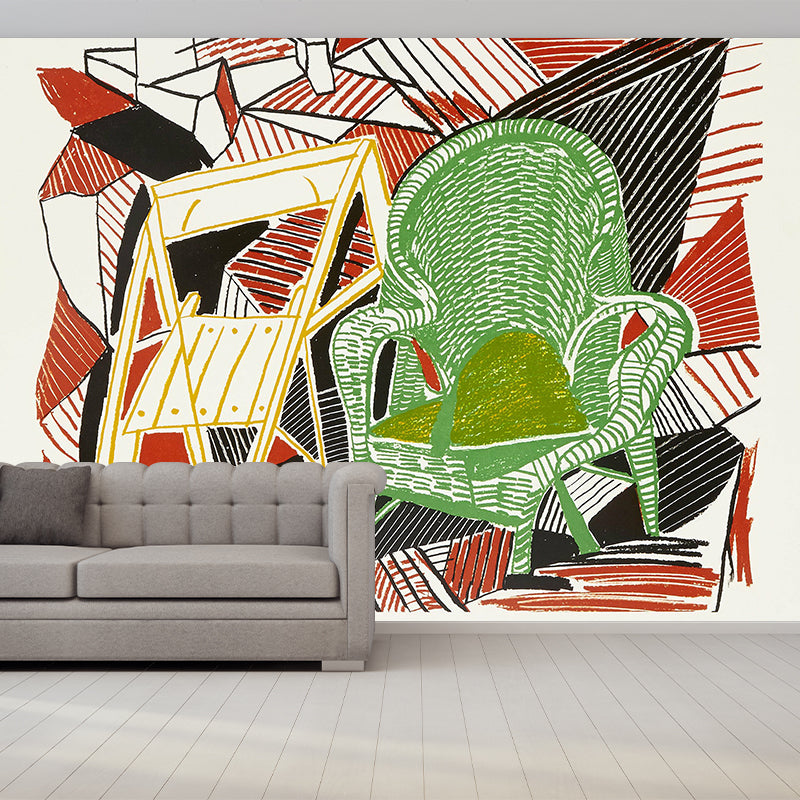Artistic Abstract Chair Wall Murals Red-Green Stain Resistant Wall Covering for Living Room