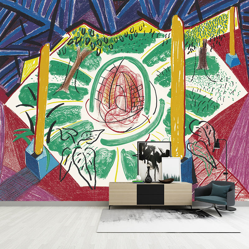 Illustrations-Kunst-Wandpapier-Wandbild, mehrfarbige Ansicht des Hotelbrunnen-Gemäldes, Wanddekoration, individuelle Größe
