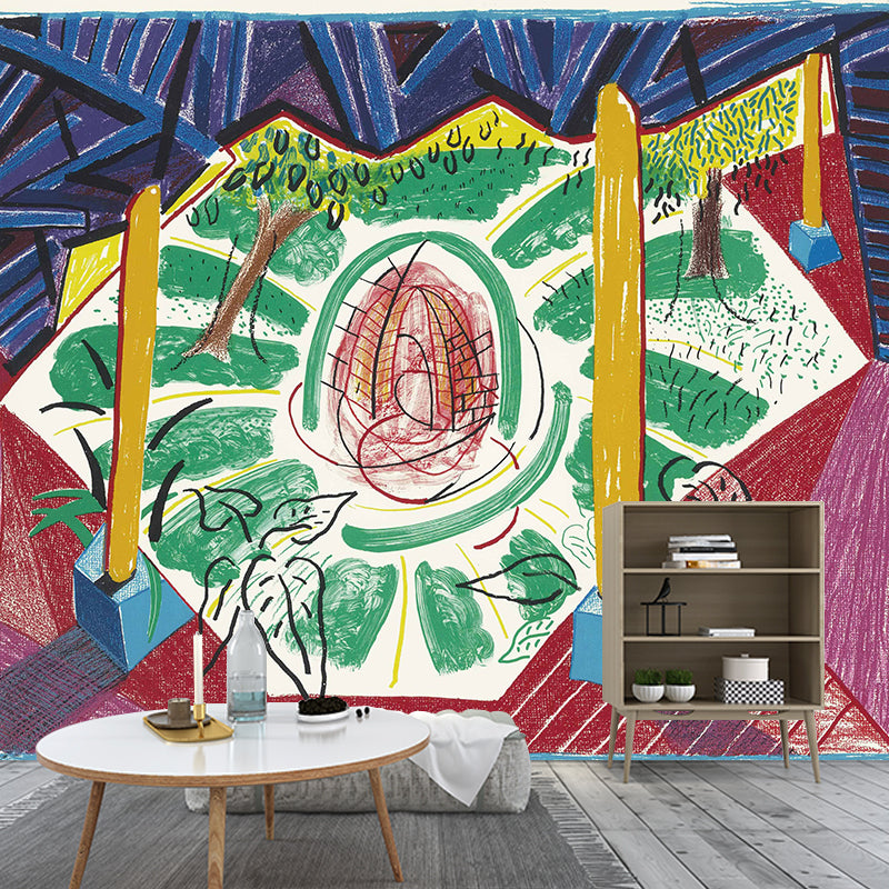 Illustrations-Kunst-Wandpapier-Wandbild, mehrfarbige Ansicht des Hotelbrunnen-Gemäldes, Wanddekoration, individuelle Größe