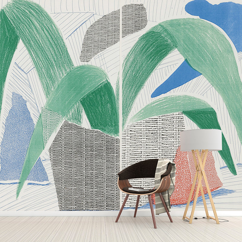 Art Potted Plant Wall Mural Decal in Blue-Green Living Room Wall Covering, Personalized Size