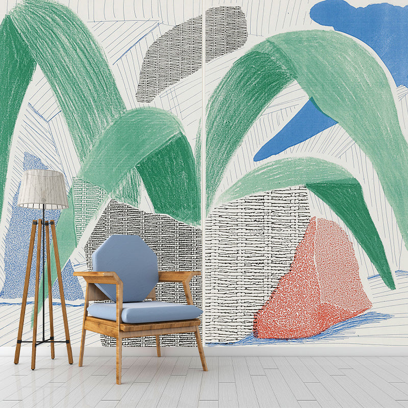 Art Potted Plant Wall Mural Decal in Blue-Green Living Room Wall Covering, Personalized Size