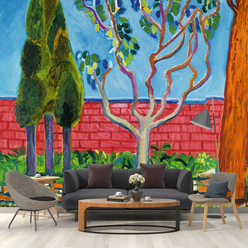 Tree and Brick Fence Mural Artistry Washable Living Room Wall Decoration, Optional Size