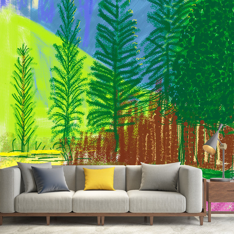 Cypress Landscape Painting Murals Modern Art Non-Woven Cloth Wall Decor in Blue-Green