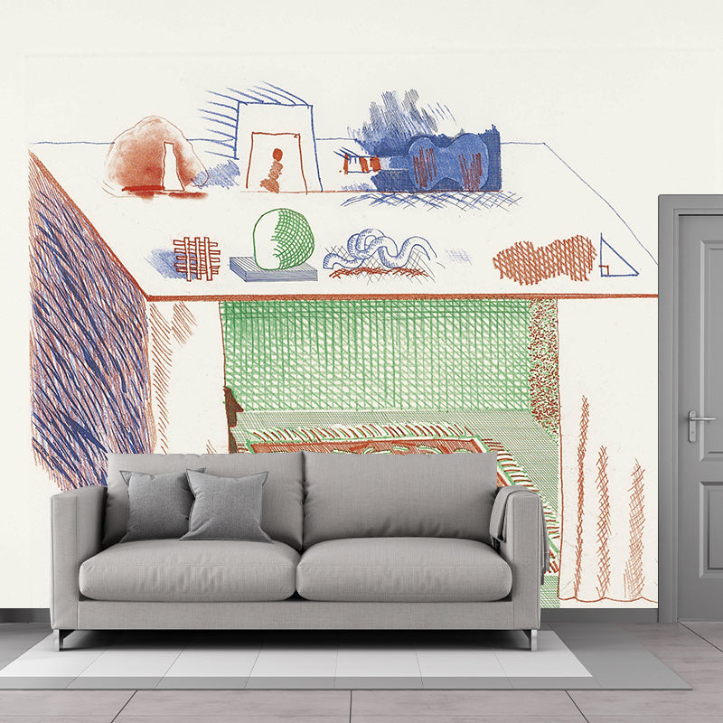 Large Still Life Table Mural Decal Blue-Brown Non-Woven Wall Decor, Washable, Custom Size