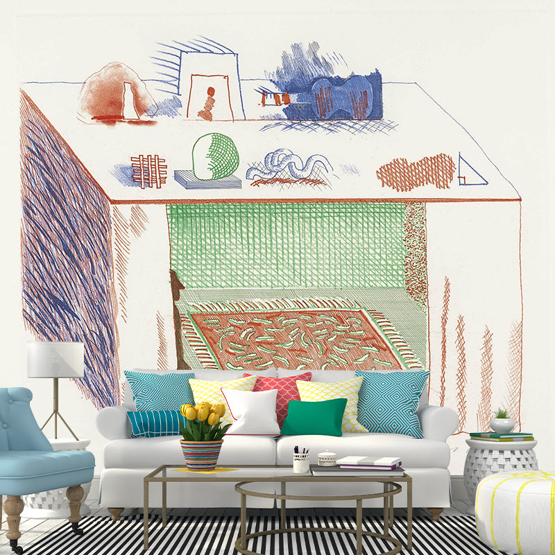 Large Still Life Table Mural Decal Blue-Brown Non-Woven Wall Decor, Washable, Custom Size