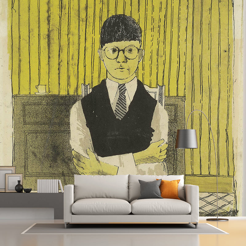 Artistic School Boy Wall Murals in Black-Yellow Bedroom Wall Covering, Custom Made