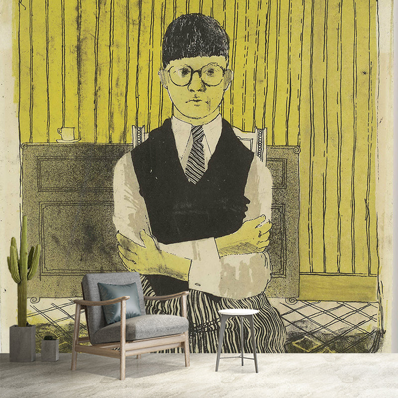 Artistic School Boy Wall Murals in Black-Yellow Bedroom Wall Covering, Custom Made