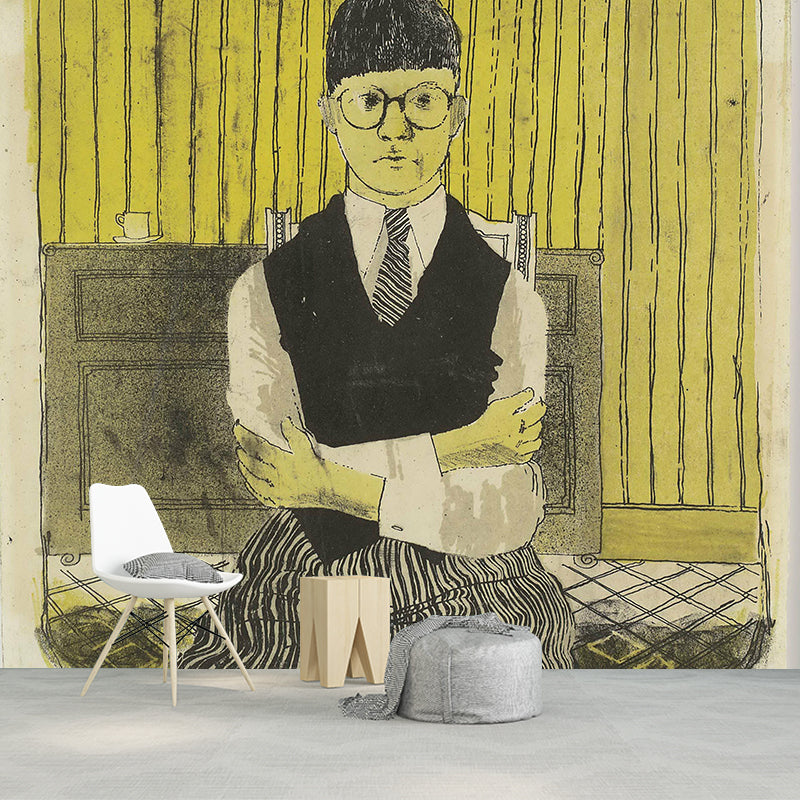 Artistic School Boy Wall Murals in Black-Yellow Bedroom Wall Covering, Custom Made