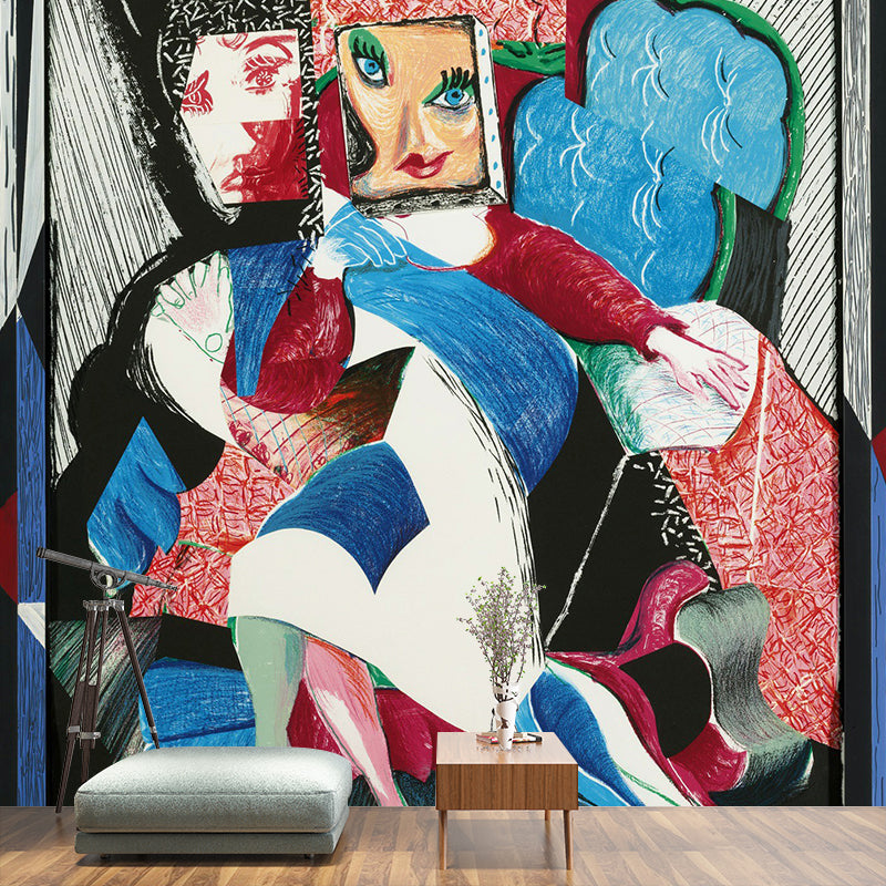 Celia Portrait Wall Murals Red-Blue Art Deco Wall Covering for Living Room, Custom Print