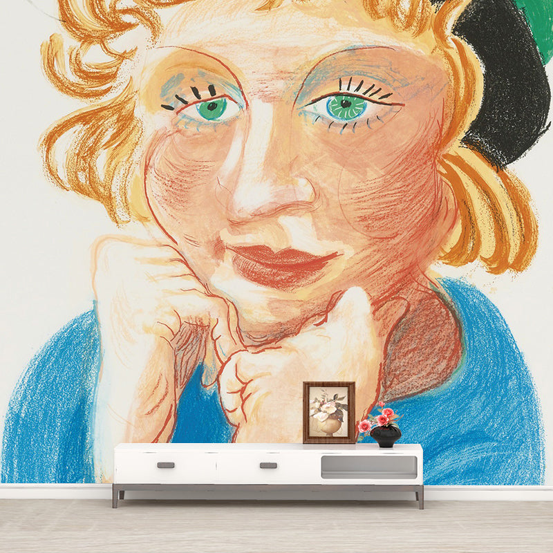 Woman Wearing Green Hat Murals Artistry Waterproof Bedroom Wall Decor, Optional Size
