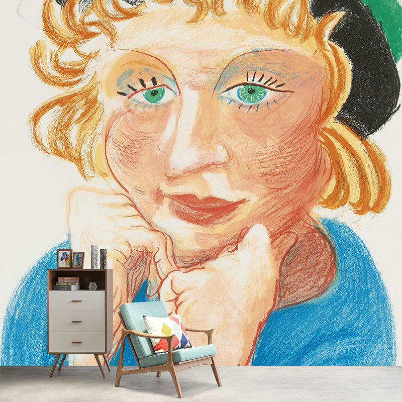 Woman Wearing Green Hat Murals Artistry Waterproof Bedroom Wall Decor, Optional Size